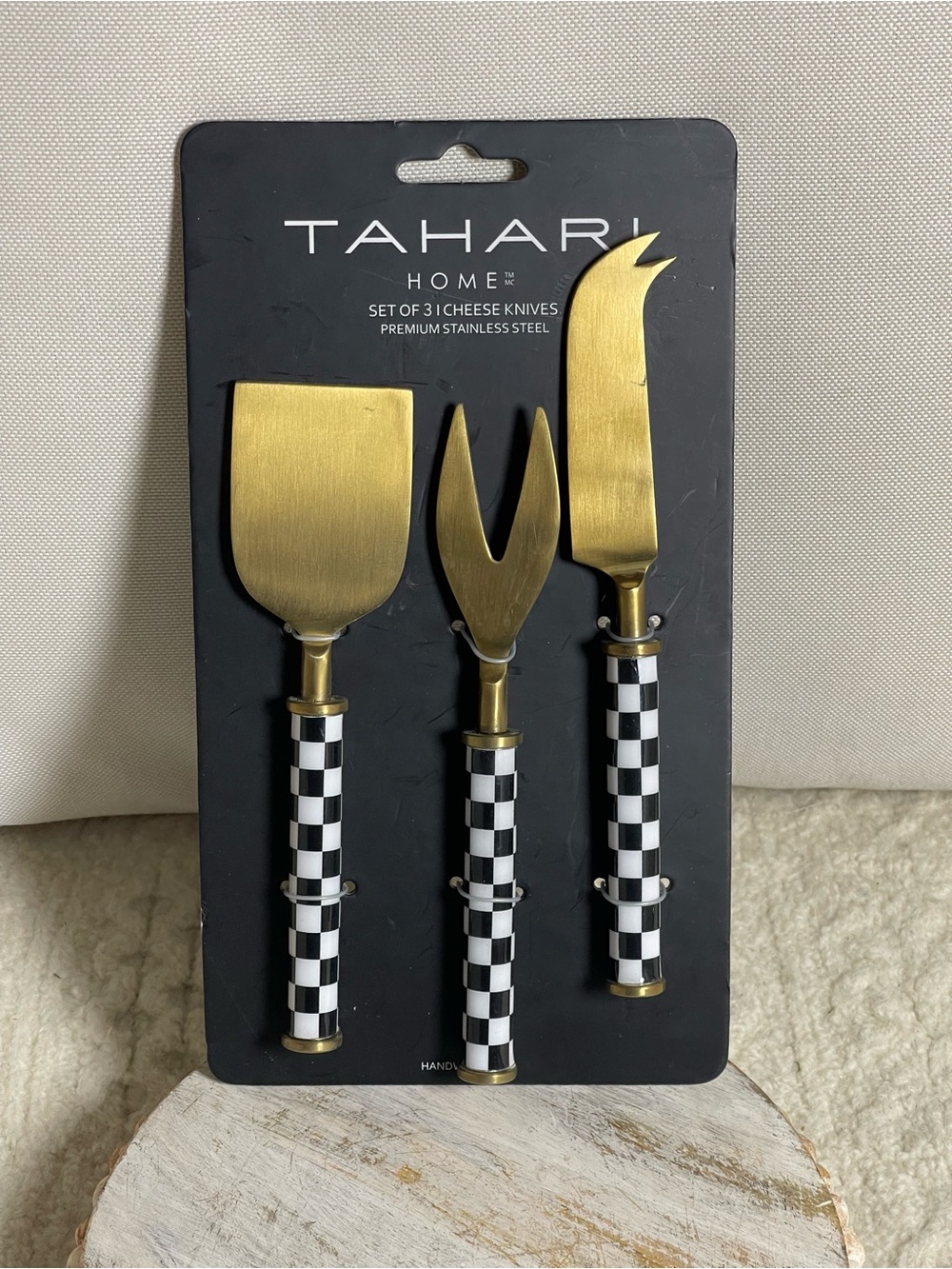 Tahari Home Set of 3 Cheese Knives Gold Stainless Steel Black White Checkered